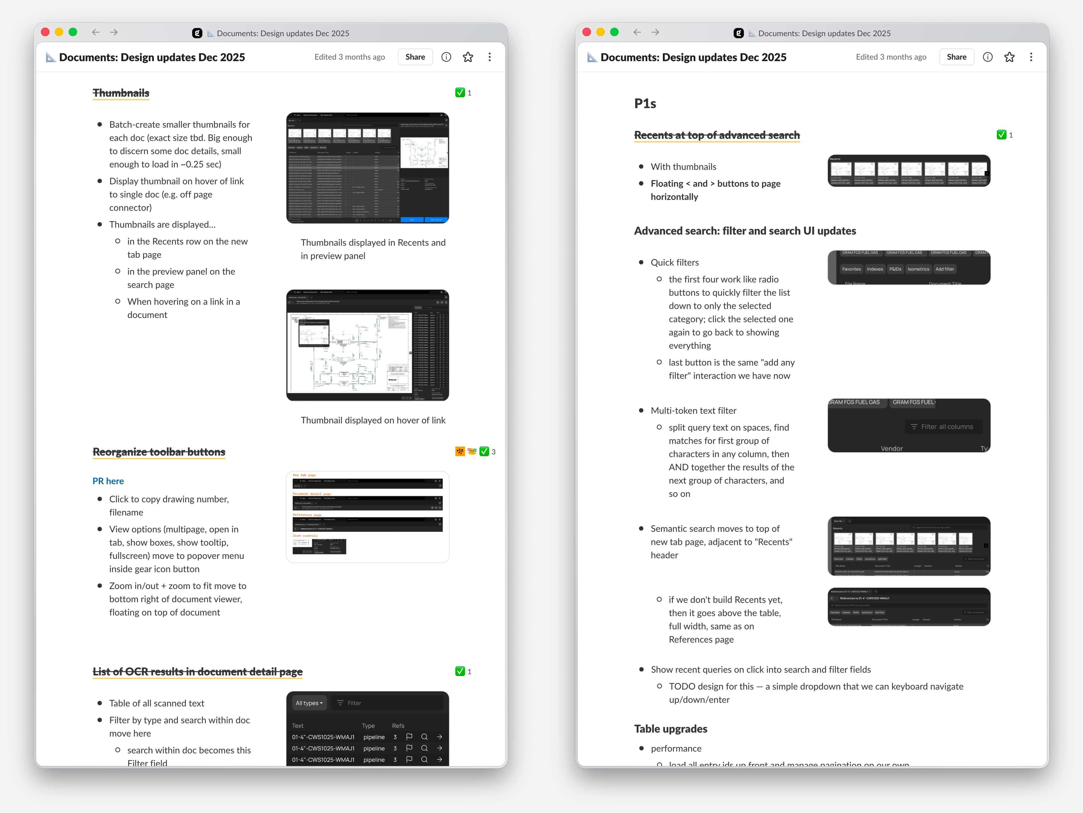 More screenshots of the document I made to detail and break down the design changes for the engineers.