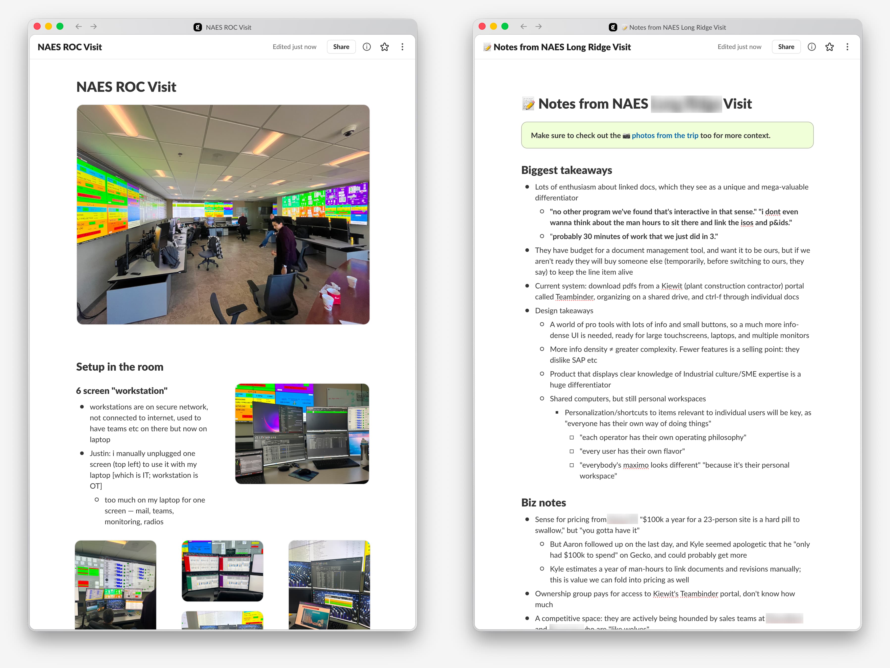 Screenshots of the documents I made sharing my learnings from site visits.