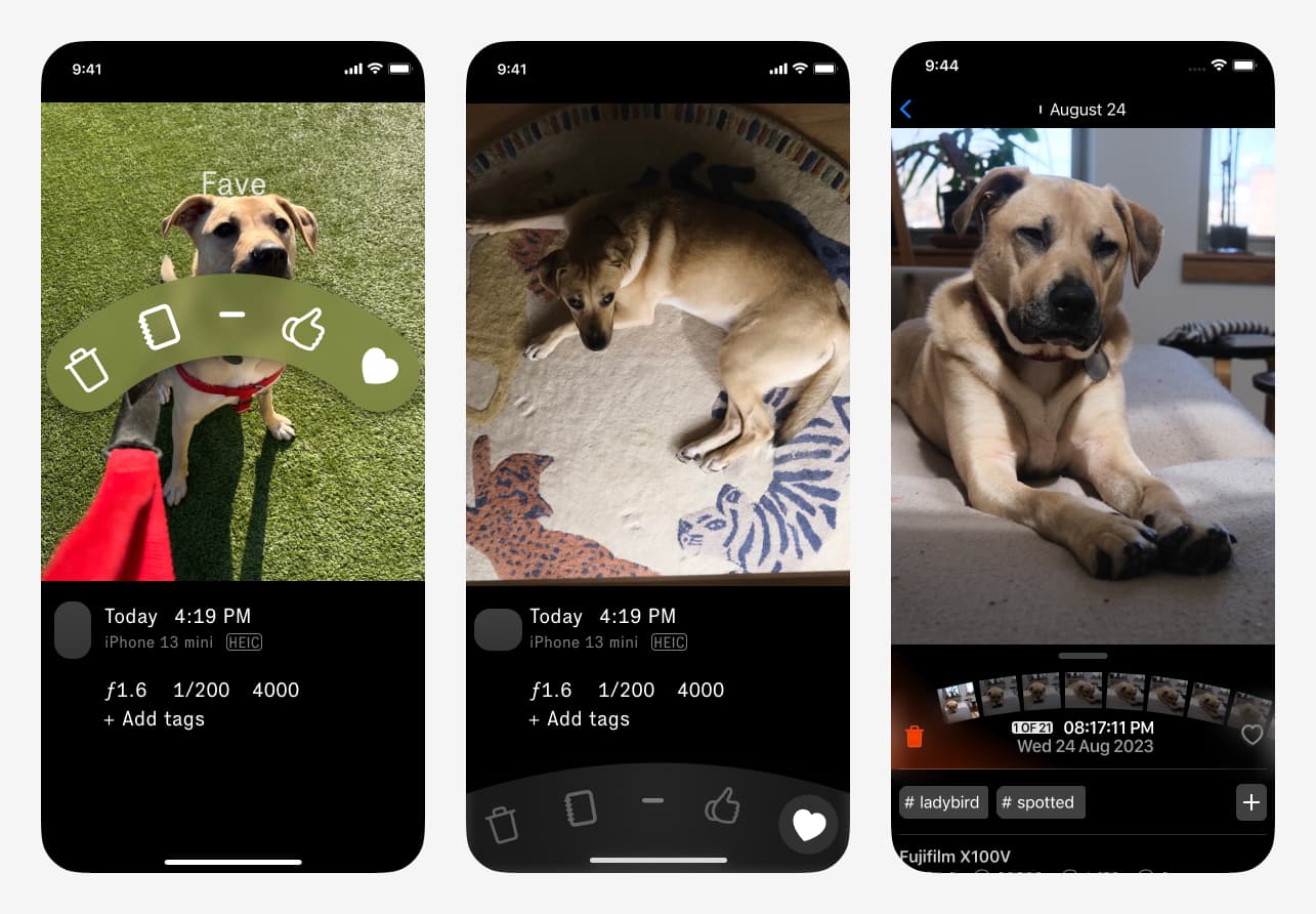 Scrapped iterations of the core mechanic for marking photos for deletion.