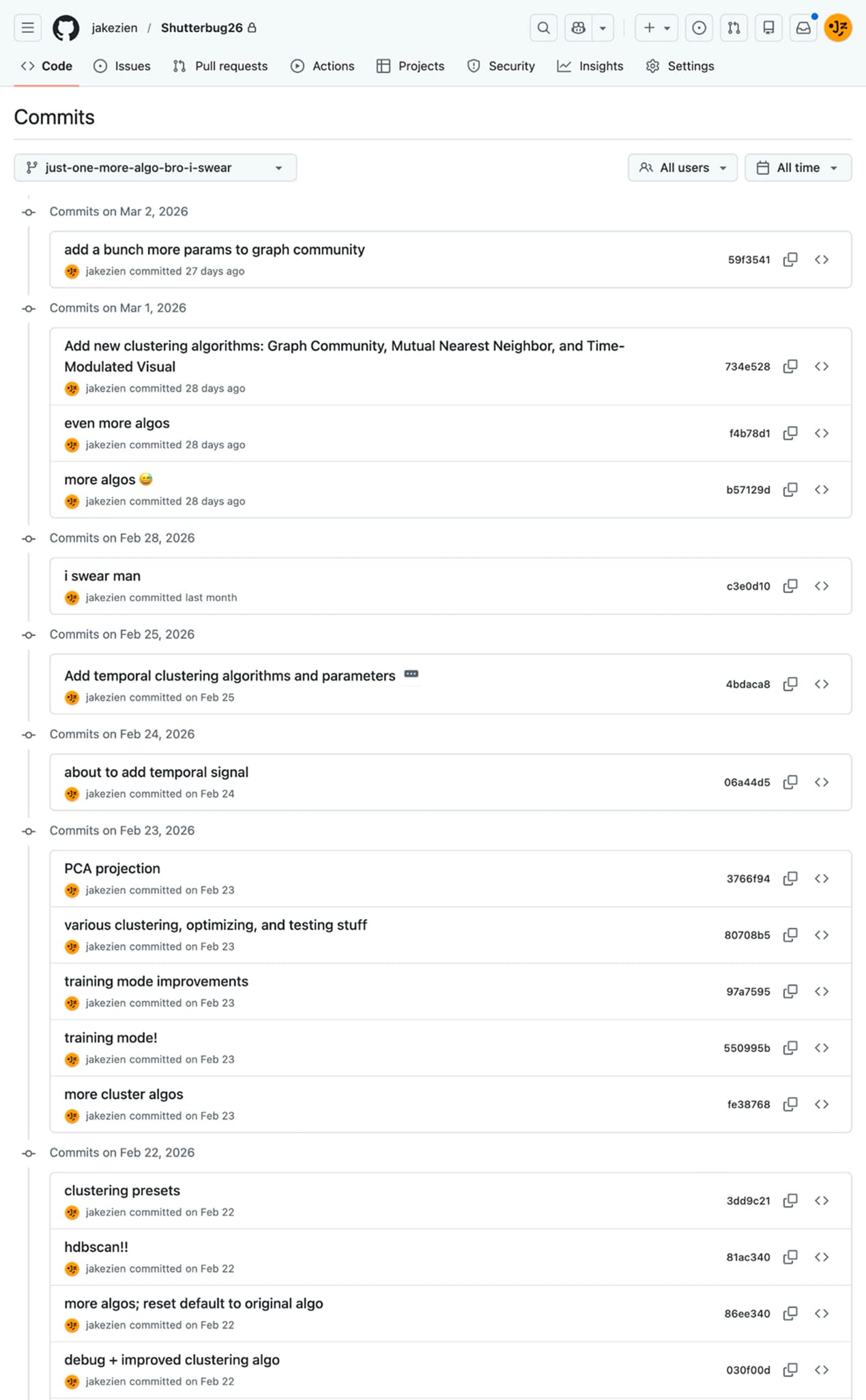 Screenshot of my lengthy commit history on the just-one-more-algo-bro-i-swear branch.
