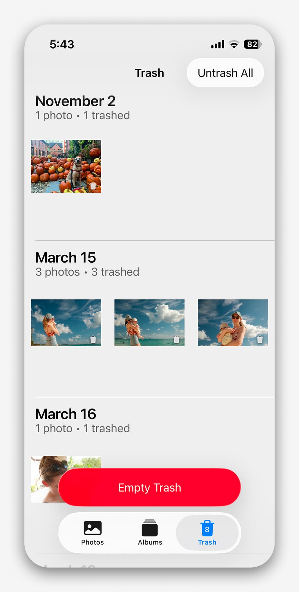 Screenshot of the Shutterbug trash view.